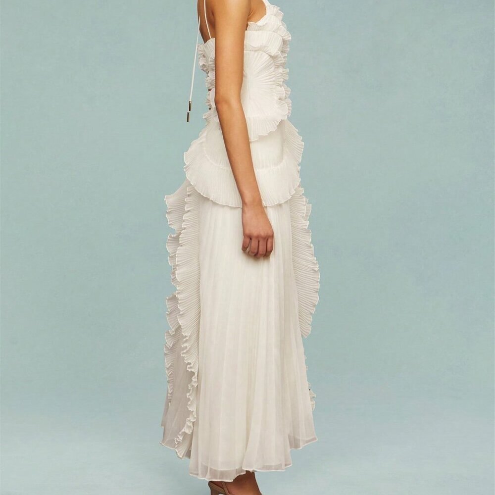 Beige Elegant Women's Ruffle Hem Sleeveless Halter Neck Long Maxi Dress - Picture 5 of 6